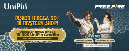 Beli Voucher Game UniPin di Toko Favoritmu! Dapatkan Diskon Mystery Shop Lebaran 90% di Free Fire dan Bonus 15.000 UniPin Credits